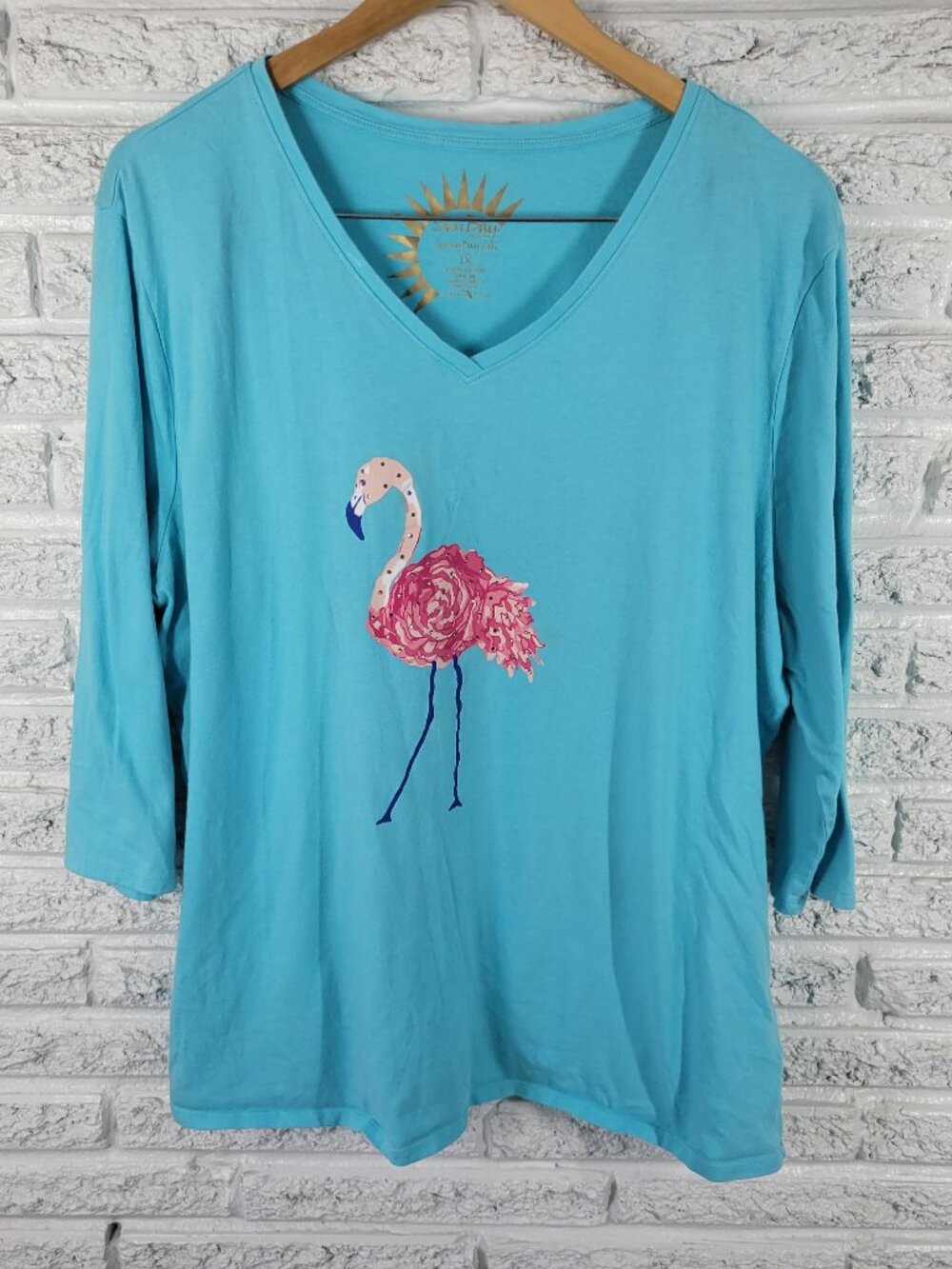 Sun Bay Women's 1X Tunic Blue Flamingo Rhinestone 3/4 Sleeve V-Neck NOV102XE